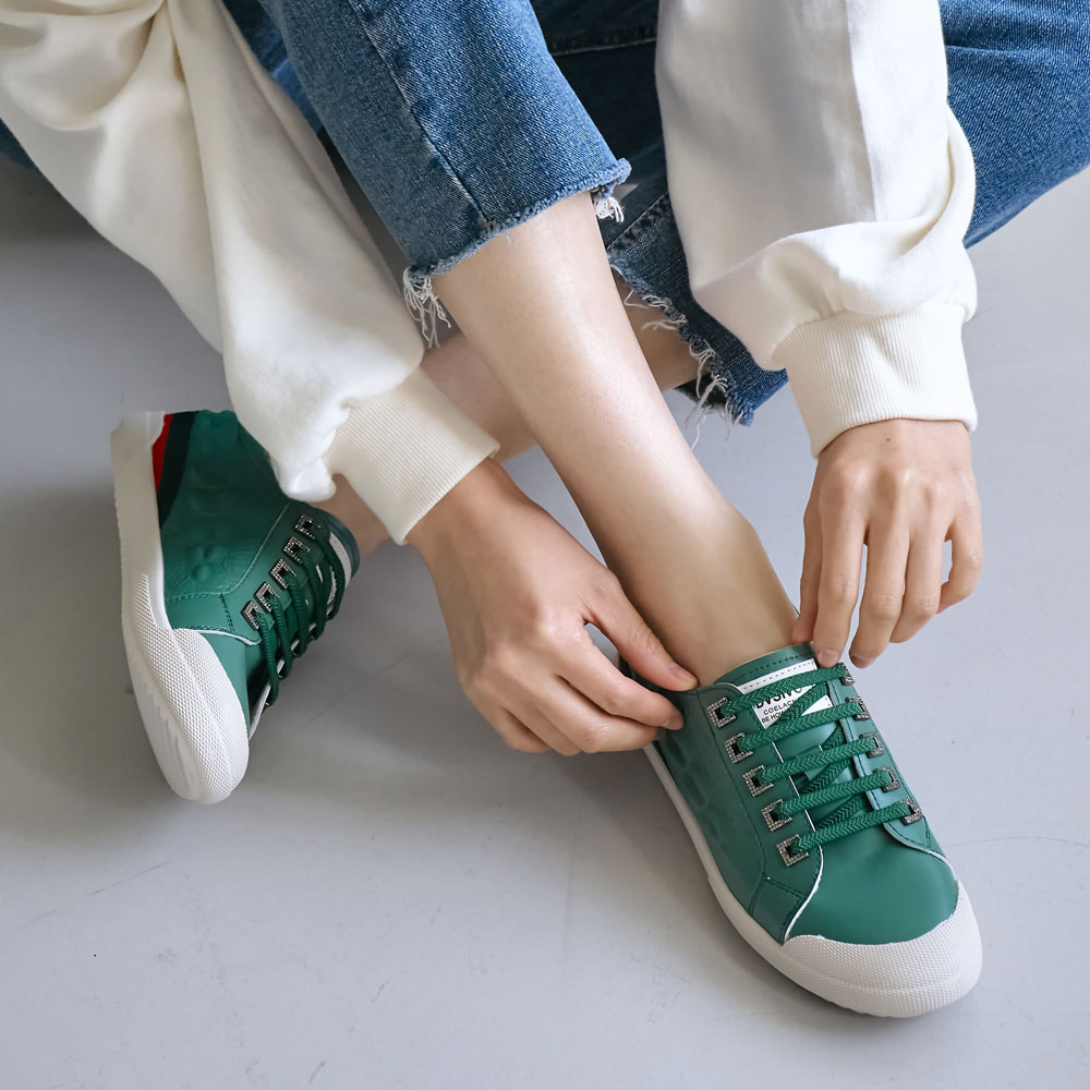 소가죽 스판 밴딩끈 큐빅 포인트 여성 스니커즈 단화 캐주얼화