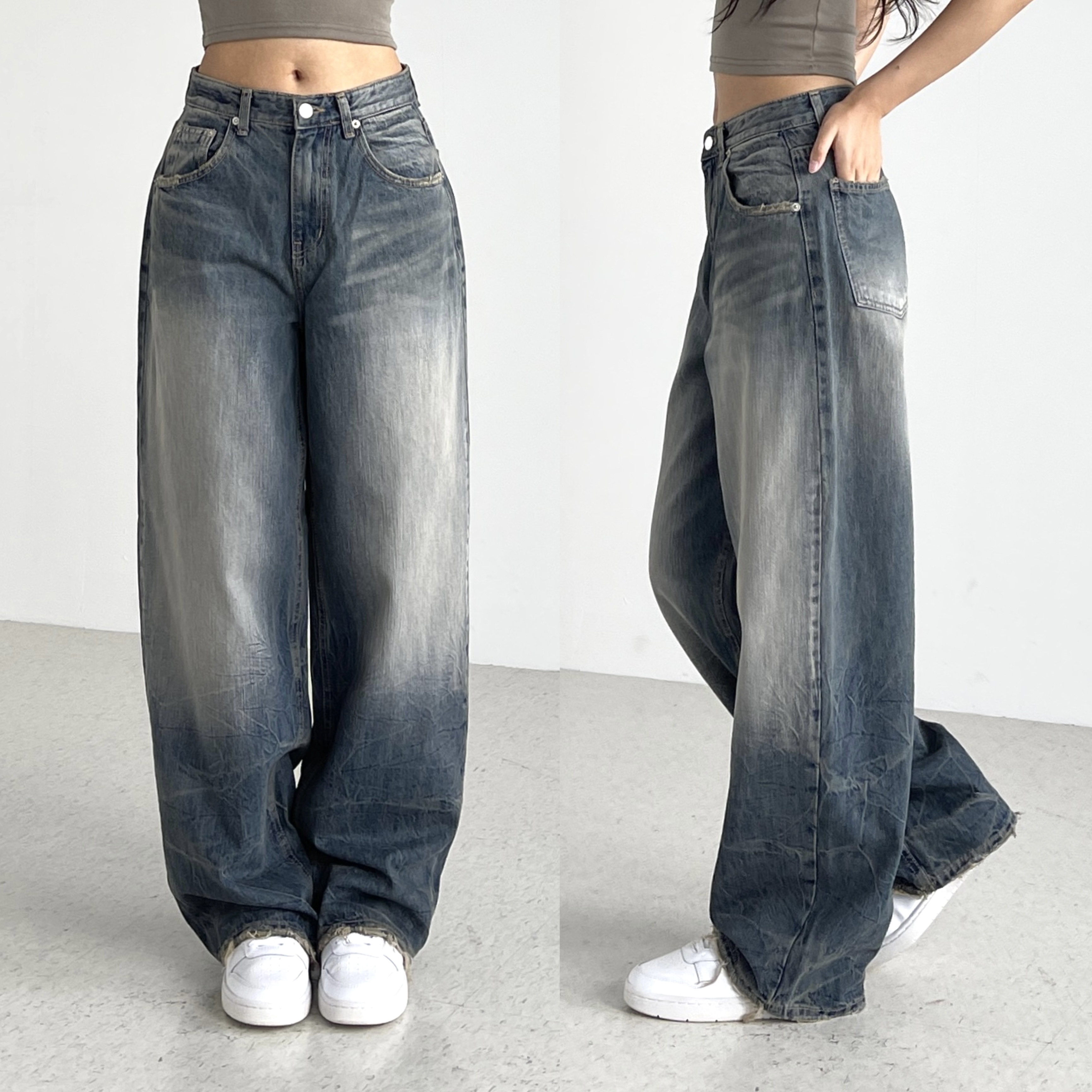 ootj 커브드데님 여성 와이드 청바지 하이웨스트 중청 벌룬핏 배기 통바지 오오티제이
