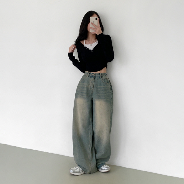 [숏,롱/찐와이드] 던미유 빈티지 워싱 옆핀턱 맥시핏 청바지 탄탄 벌룬 데님 와이드 팬츠 상세 이미지 22
