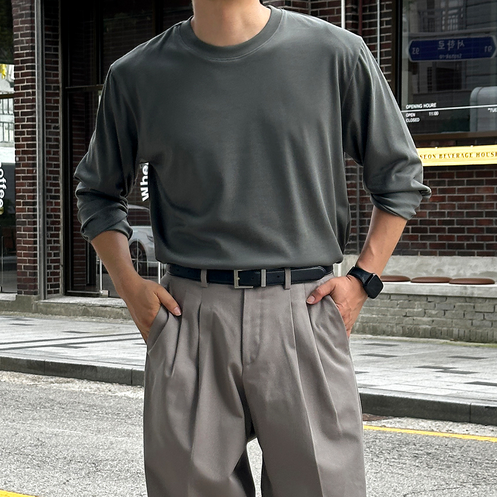 남자 수피마 비침없는 어깨넓어보이는 라운드 긴팔 티셔츠 - 상세 이미지 2