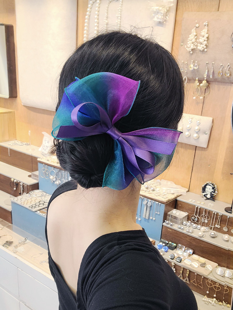루루핀 빗삔 보라 초록 글라데이션 중앙 1.5cm 시스루 원단 올림머리 빗핀 헤어핀 - 상품 이미지