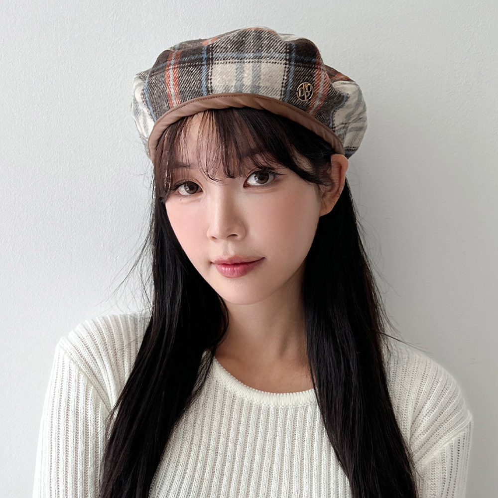 체크 빵모자 여자 베레모 화가모자 사이즈조절 가을 겨울 - 상품 이미지