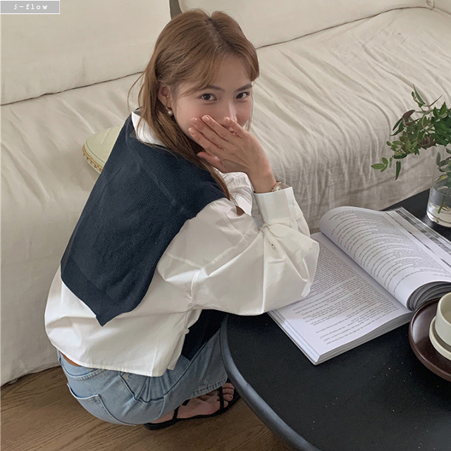레이더 루즈핏 크롭 카라 코튼 셔츠 숄니트 세트 2col 봄 가을 허리버튼 제이플로우 - 상세 이미지 4