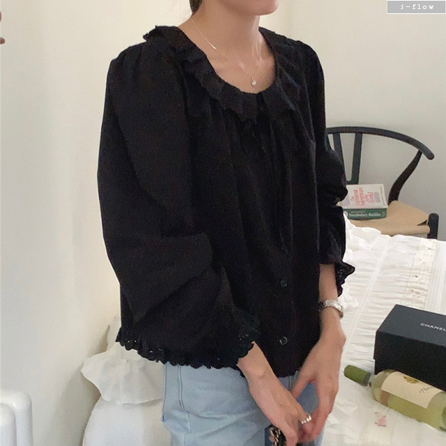 아몬 프릴 자수 U넥 매듭 루즈핏 블라우스 2col 가을 봄 핀턱주름 소매밴딩 제이플로우 - 상세 이미지 4