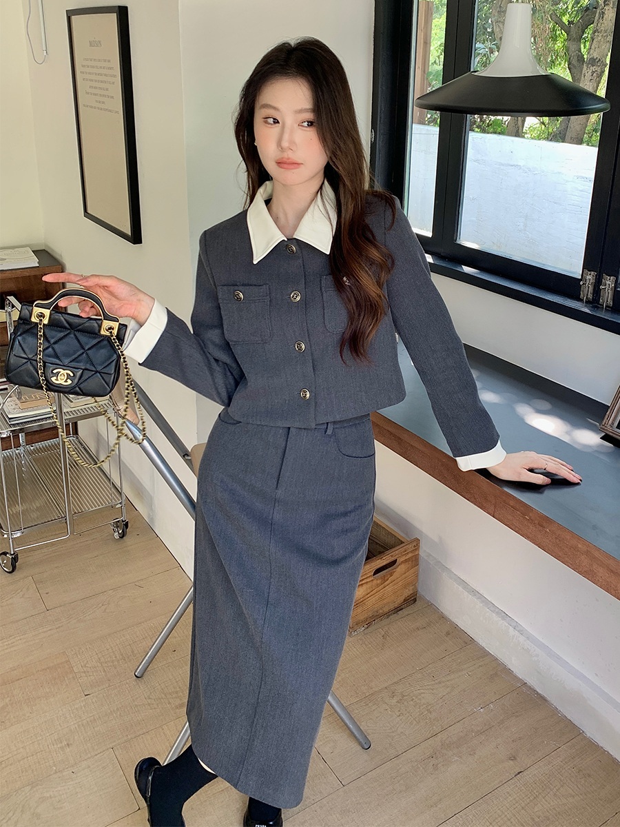 크롭자켓 롱스커트 투피스세트 캐주얼 데이트 코디 하객룩 결혼식 복장 셋업 출근 그레이 - 상세 이미지 3