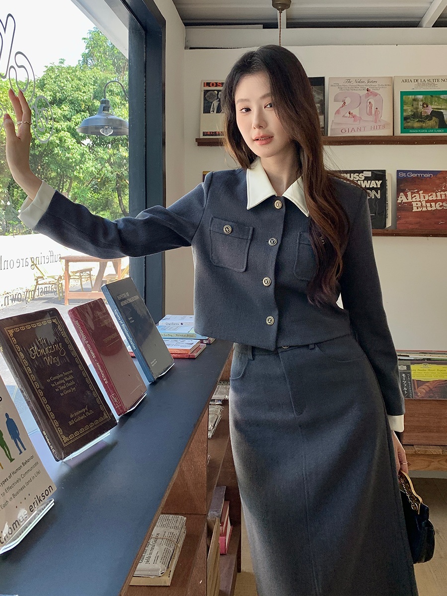 크롭자켓 롱스커트 투피스세트 캐주얼 데이트 코디 하객룩 결혼식 복장 셋업 출근 그레이 - 상세 이미지 2