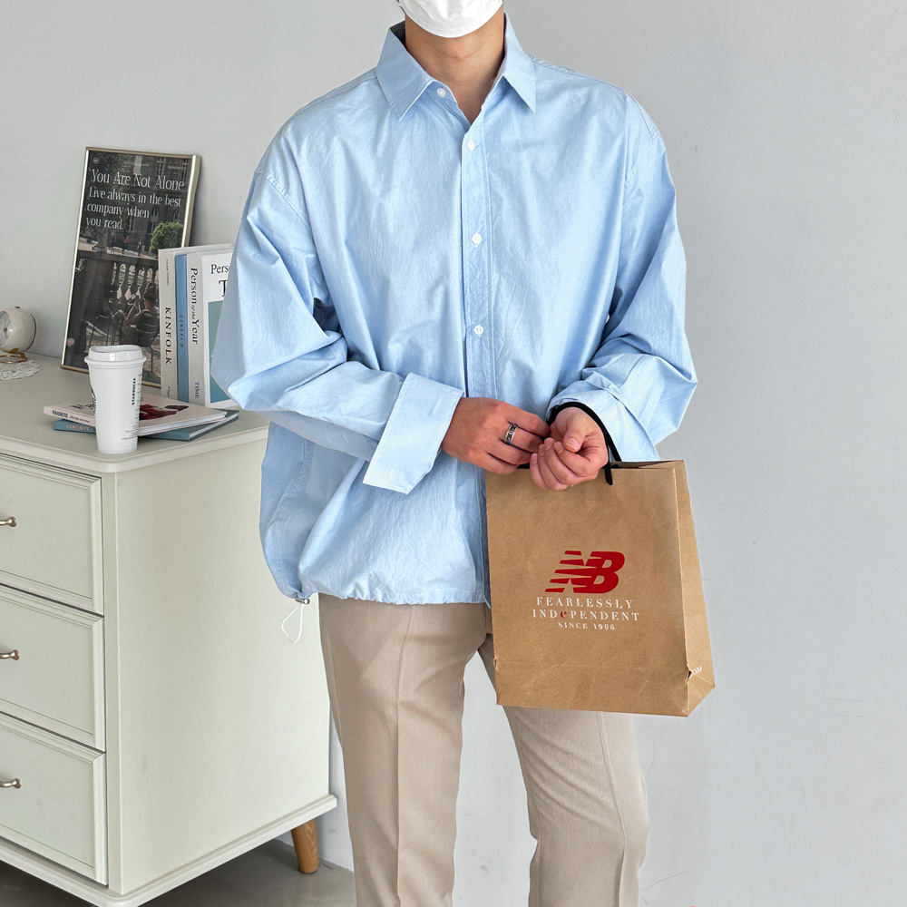 남자 미니멀 랜드 스트링 크롭 오버핏 긴팔 셔츠 3color - 상세 이미지 2