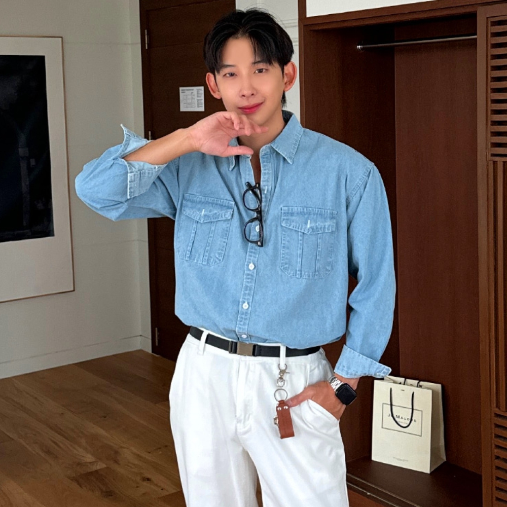 남자 벤데 봄 가을 카고포켓 데님 셔츠 남방 - 상세 이미지 2