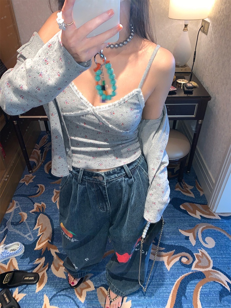 꽃무늬나시 가디건 세트 빈티지 그레이 회색 플라워 패턴 뷔스티에 셋업 코디 고급소재 - 상세 이미지 3