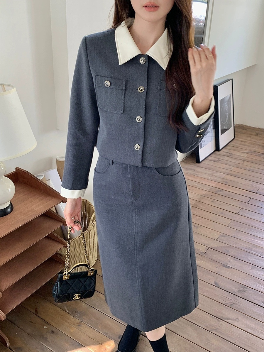 크롭자켓 롱스커트 투피스세트 캐주얼 데이트 코디 하객룩 결혼식 복장 셋업 출근 그레이 - 상세 이미지 4