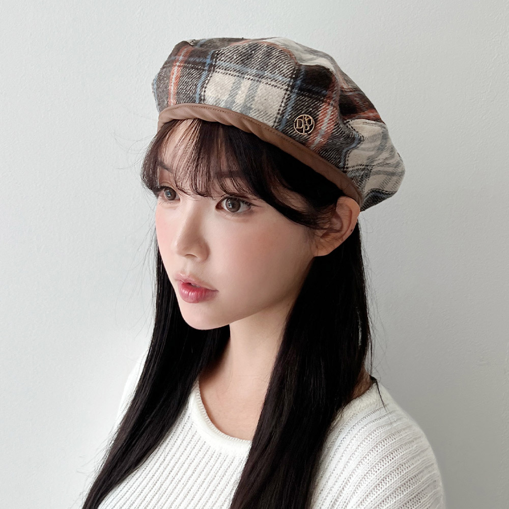 체크 빵모자 여자 베레모 화가모자 사이즈조절 가을 겨울 - 상세 이미지 5