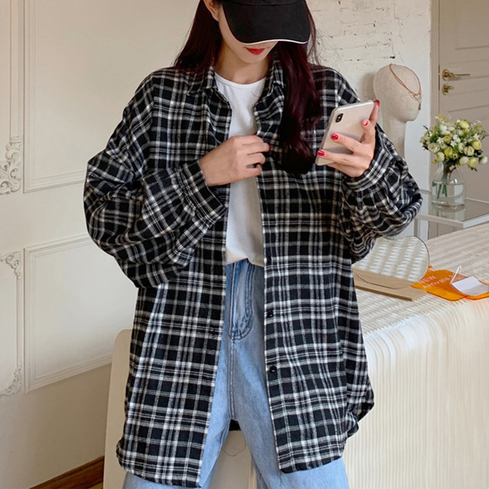 여자 체크 셔츠 대학생 남방 여성 봄 가을 긴팔 10대 무늬 여름 겨울 레이어드 캐쥬얼 - 상품 이미지