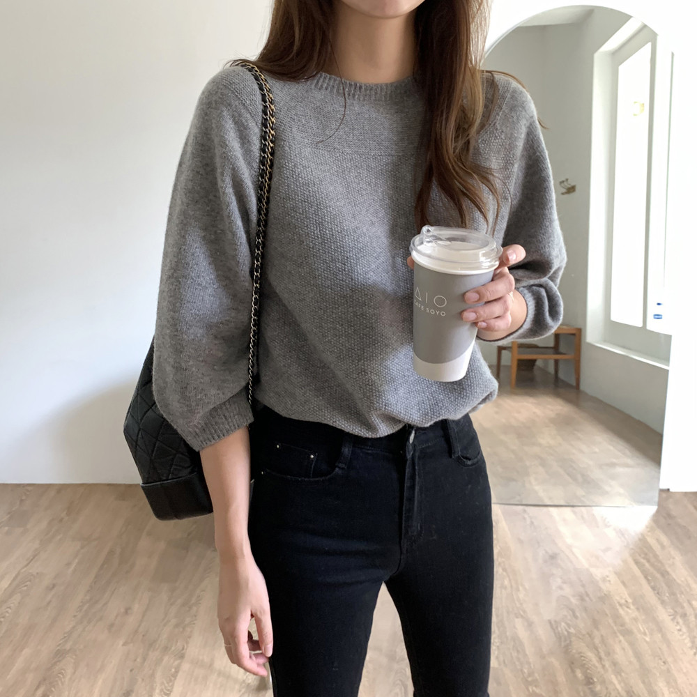 루즈핏 고급 메리노울 홀가먼트 캐시미어니트 7부 퍼프 라운드 가을 여성니트티 그레이