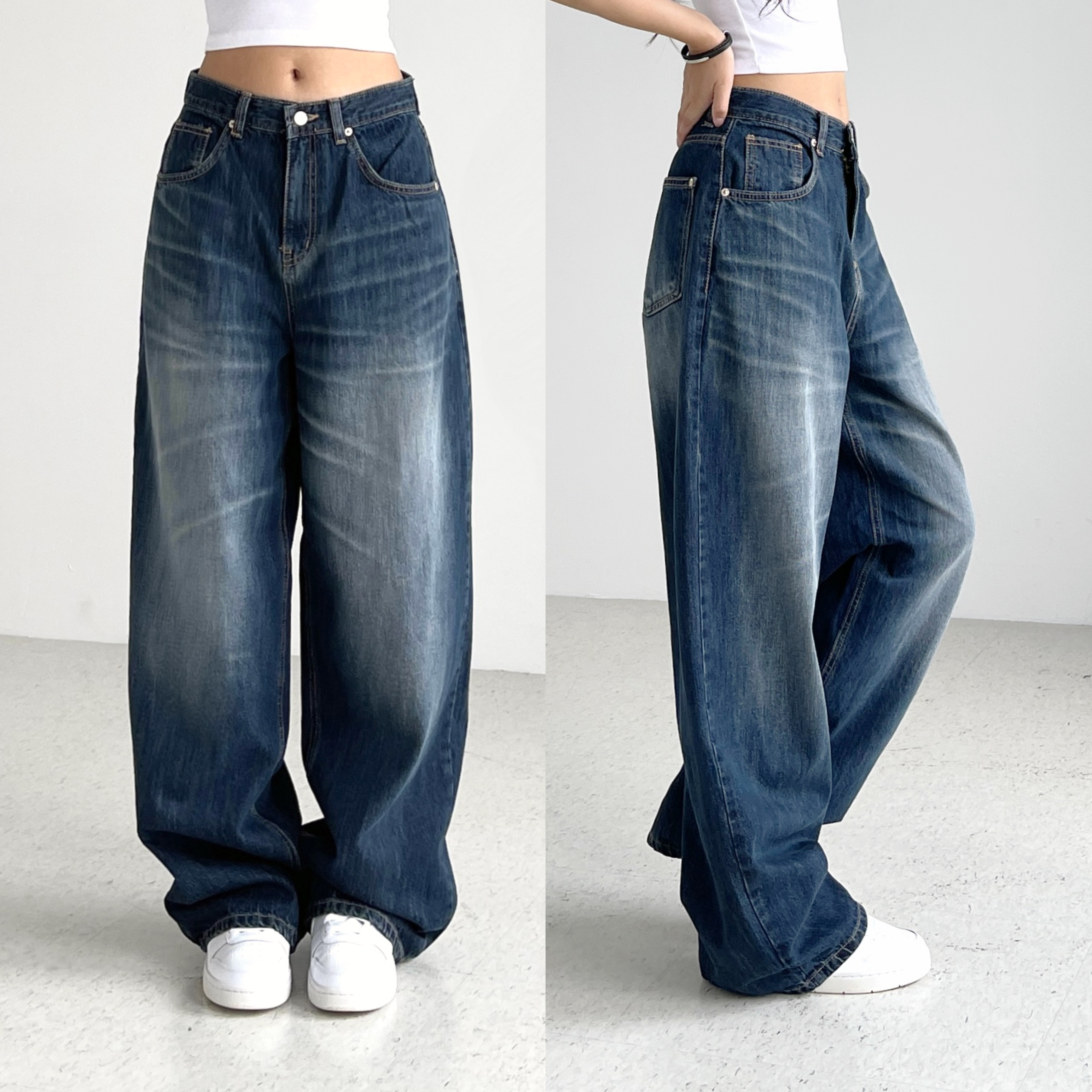 가을 진청 와이드 청바지 여성 하이웨스트 벌룬핏 배기 통 데님팬츠 오오티제이 ootj바지