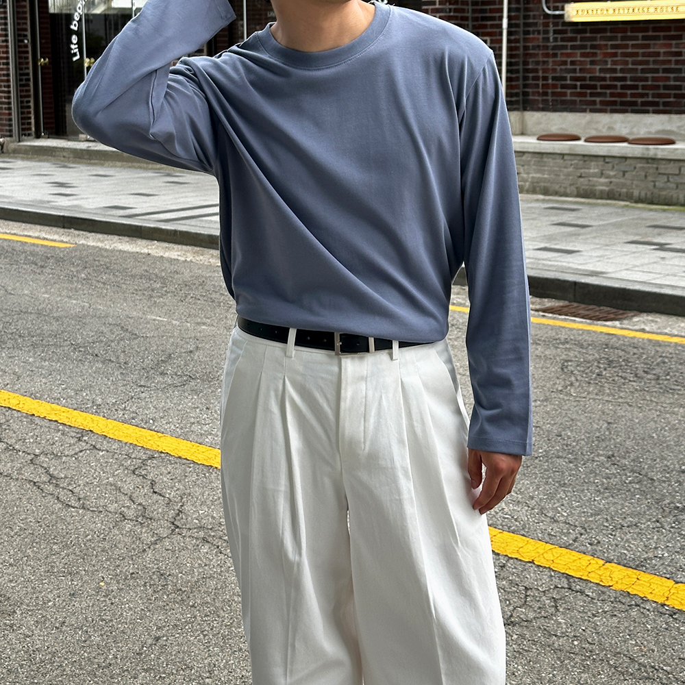 남자 수피마 비침없는 어깨넓어보이는 라운드 긴팔 티셔츠 - 상세 이미지 5