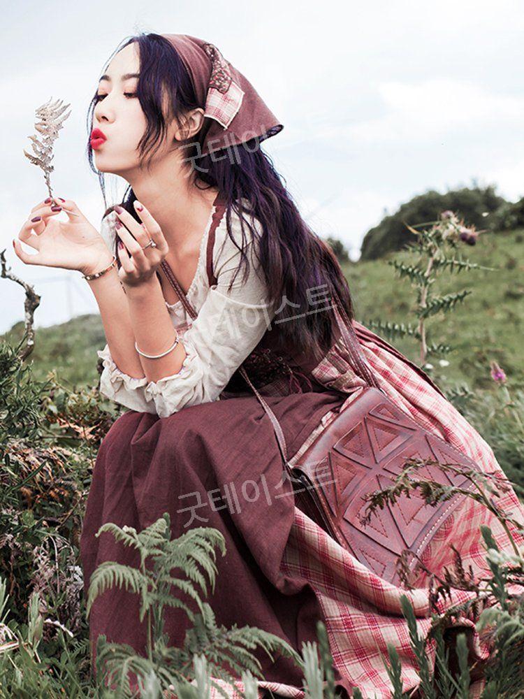 유럽풍 목가적 원피스 개화기 의상 복고풍 연극무대 블루 S - 상세 이미지 4