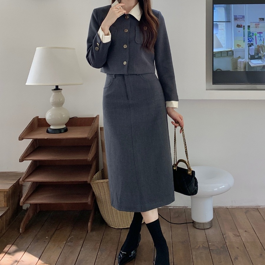 크롭자켓 롱스커트 투피스세트 캐주얼 데이트 코디 하객룩 결혼식 복장 셋업 출근 그레이