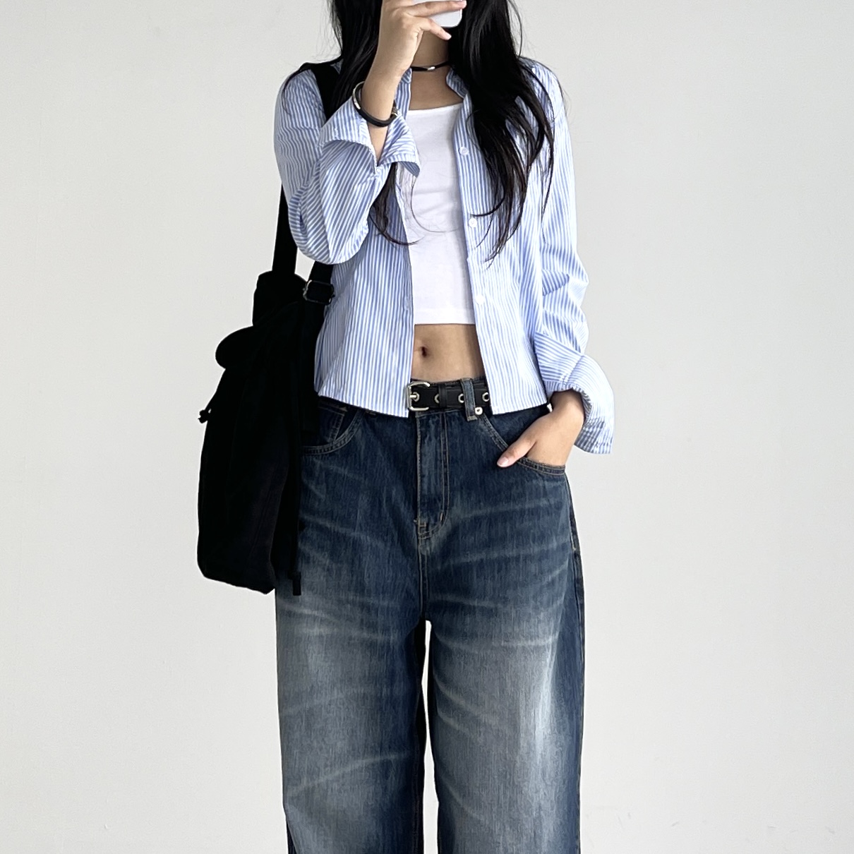 가을 진청 와이드 청바지 여성 하이웨스트 벌룬핏 배기 통 데님팬츠 오오티제이 ootj바지 - 상세 이미지 5