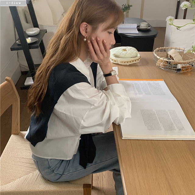 레이더 루즈핏 크롭 카라 코튼 셔츠 숄니트 세트 2col 봄 가을 허리버튼 제이플로우 이미지 8