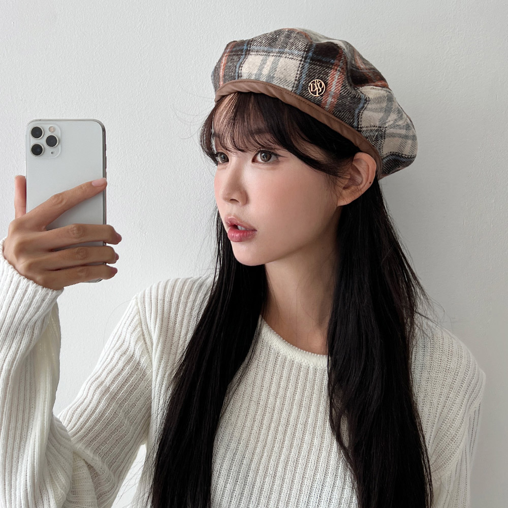 체크 빵모자 여자 베레모 화가모자 사이즈조절 가을 겨울 - 상세 이미지 4