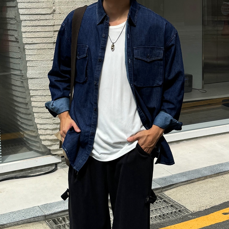 남자 퀴마 봄 여름 가을 2타입 투포켓 데님 긴팔&반팔 셔츠 남방