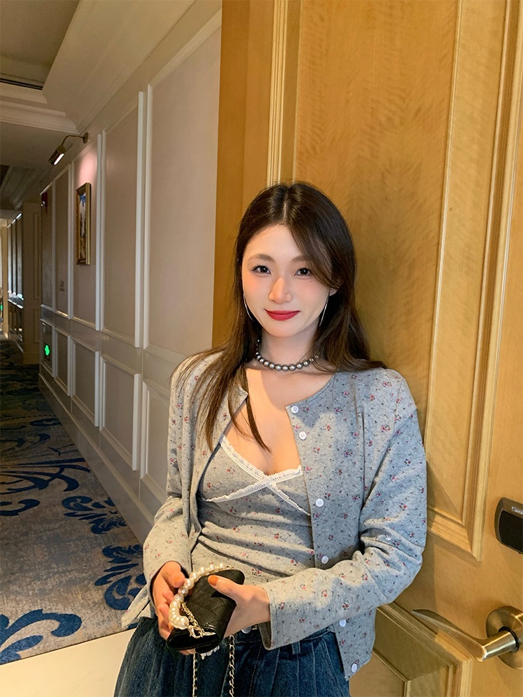 꽃무늬나시 가디건 세트 빈티지 그레이 회색 플라워 패턴 뷔스티에 셋업 코디 고급소재 - 상세 이미지 2