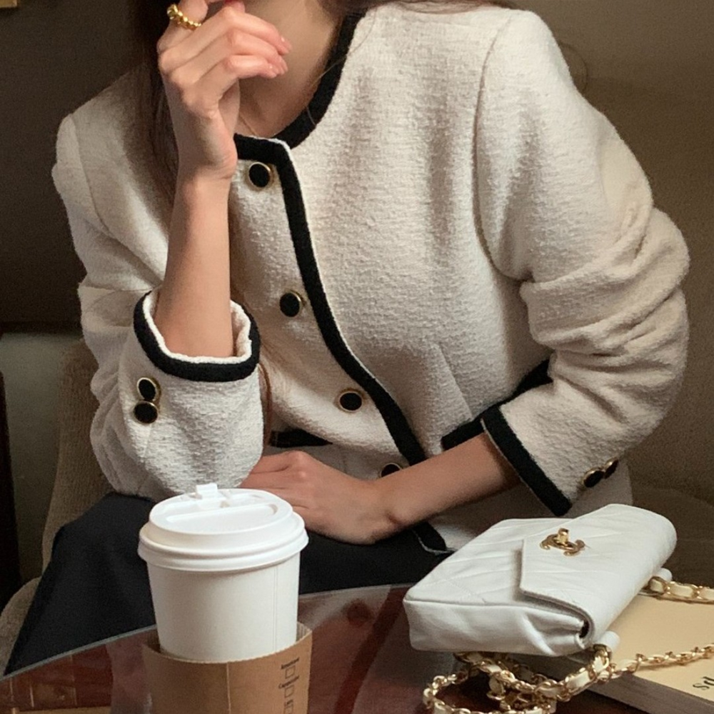 고급 부클 버튼 라운드 배색 트위드자켓 노카라 여자 재킷 울 여성 가을 자켓