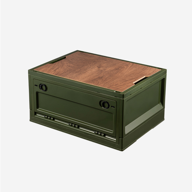 KOOLMAN 쿨맨 캠핑 박스 접이식 오픈 폴딩 정리함 우드상판 포함 34L, 올리브그린