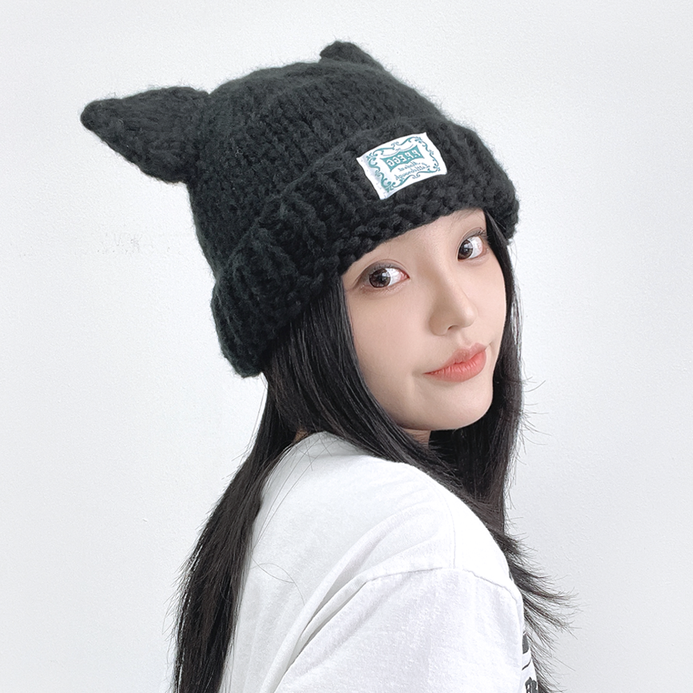뇨옴 고양이 뜨개 니트 여성 겨울 비니 방한 털모자 - 상세 이미지 5