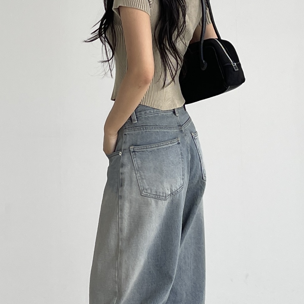 ootj 커브드데님 여성 와이드 청바지 하이웨스트 보이핏 벌룬 통 연청바지 오오티제이 - 상세 이미지 5