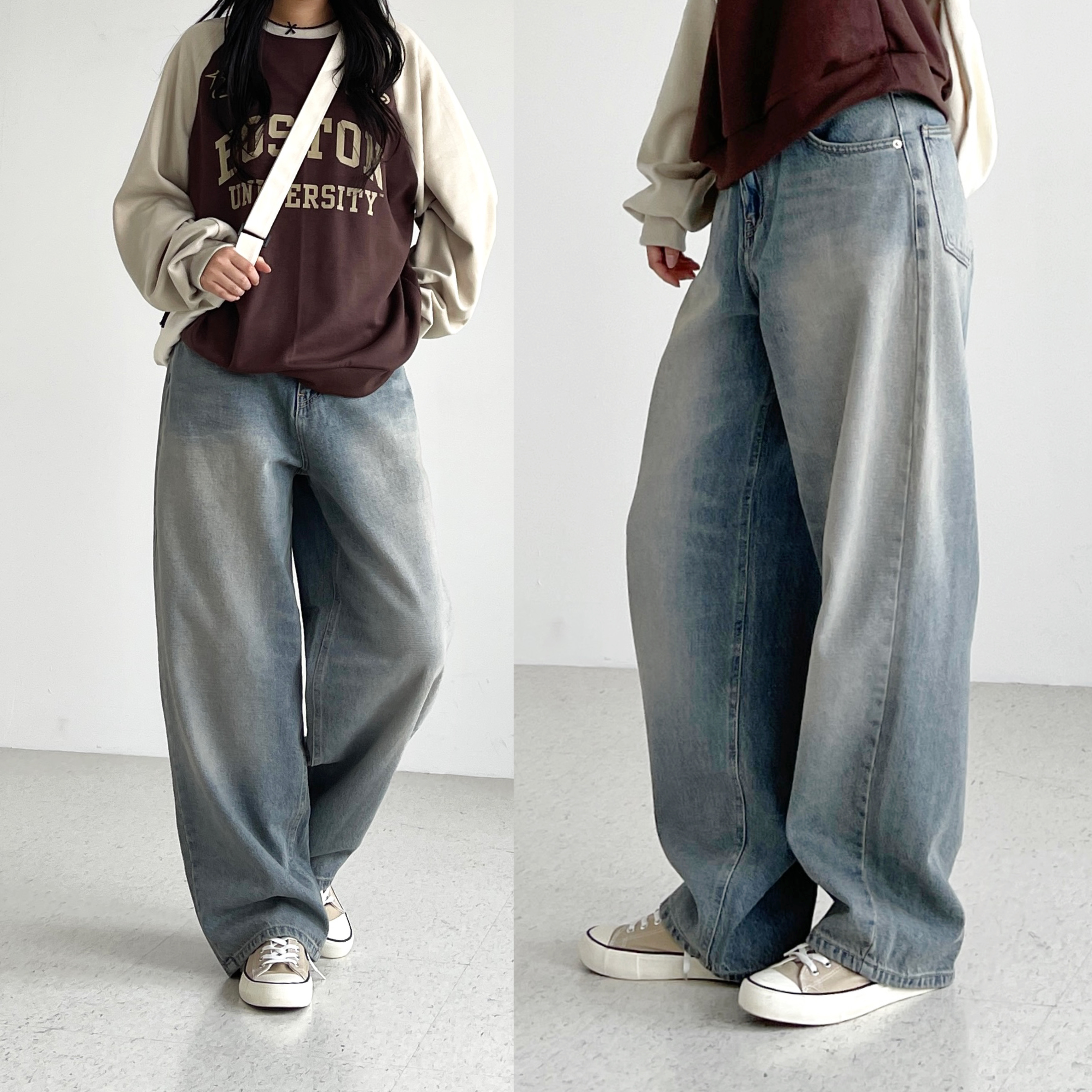 ootj 커브드데님 여성 와이드 청바지 하이웨스트 보이핏 벌룬 통 연청바지 오오티제이