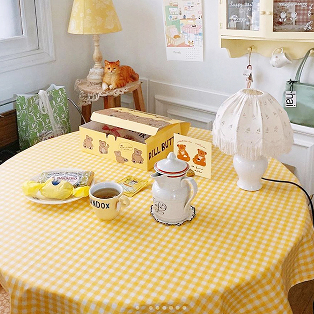 살림씨 방수 식탁보 테이블보 체크 원형 캠핑 홈파티 행사 식탁커버 옐로우 95X110