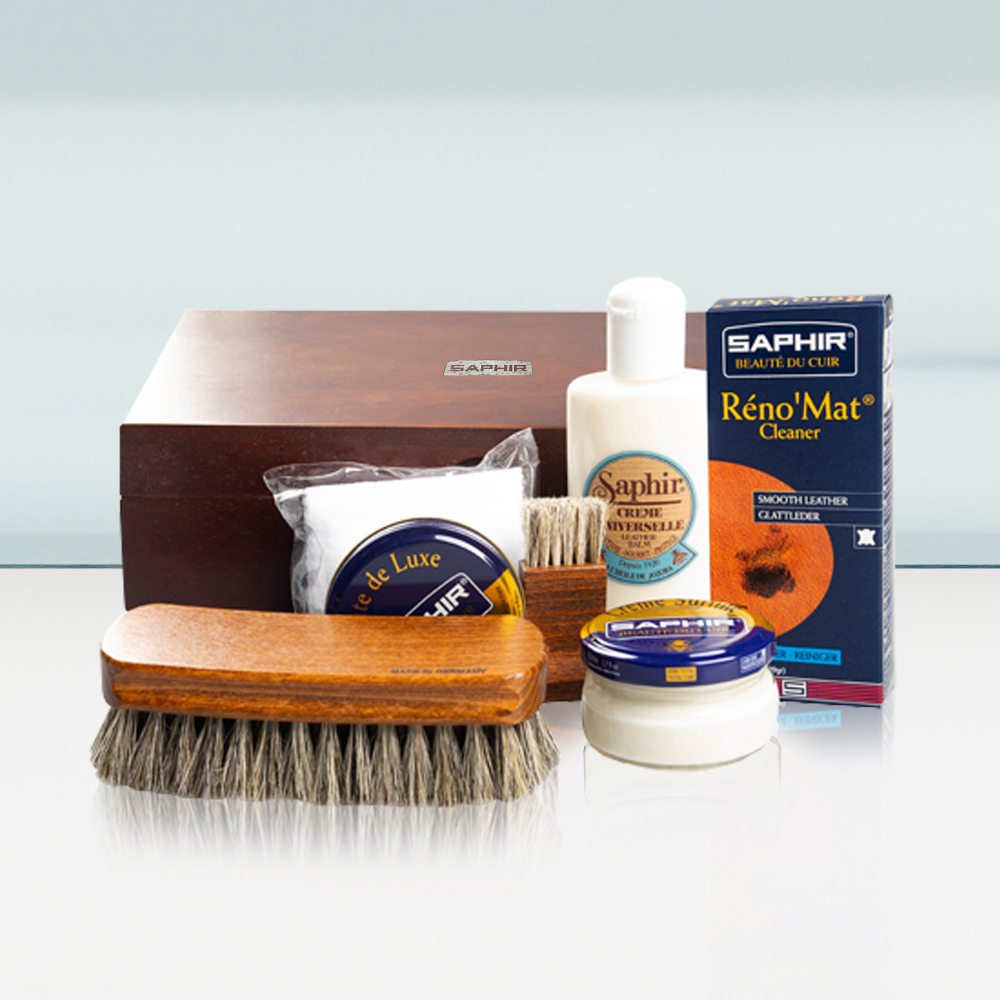 사피르 원목 슈케어 박스 세트 / 가죽 구두 관리 키트(구두약 로션 클리너 브러시 융)
