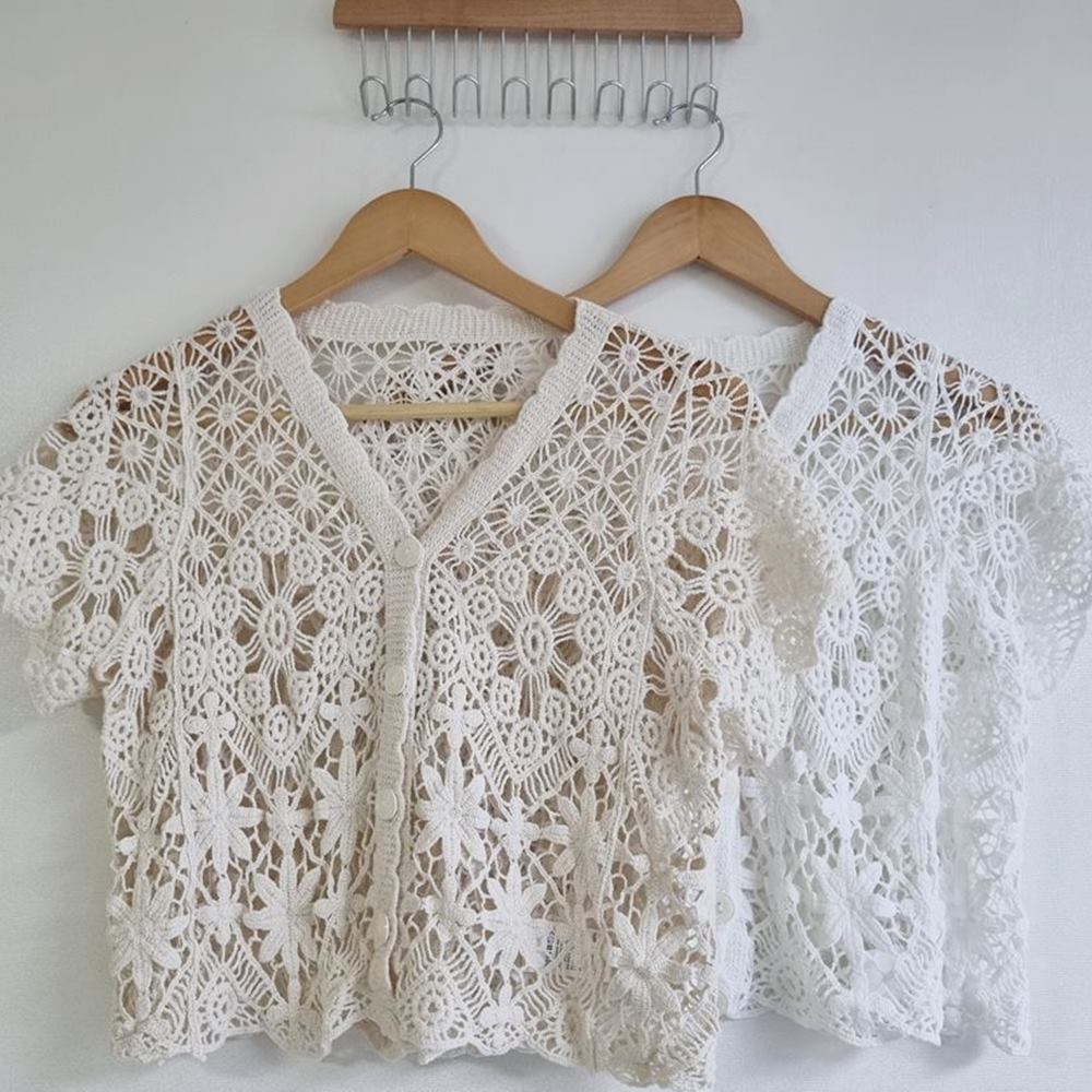뜨개 가디건 여름 반팔 뜨게 스카시 망사 그물 자수 펀칭 볼레로 휴양지