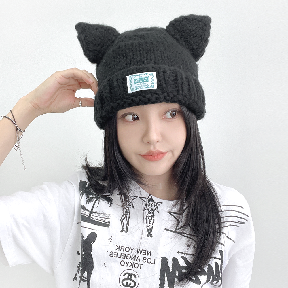 뇨옴 고양이 뜨개 니트 여성 겨울 비니 방한 털모자 이미지 6