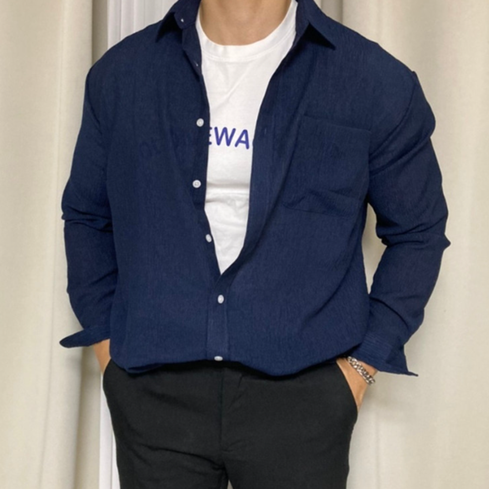 남성 셔츠 남방 긴팔 오버핏 구김적은 와이셔츠 - 메인 이미지