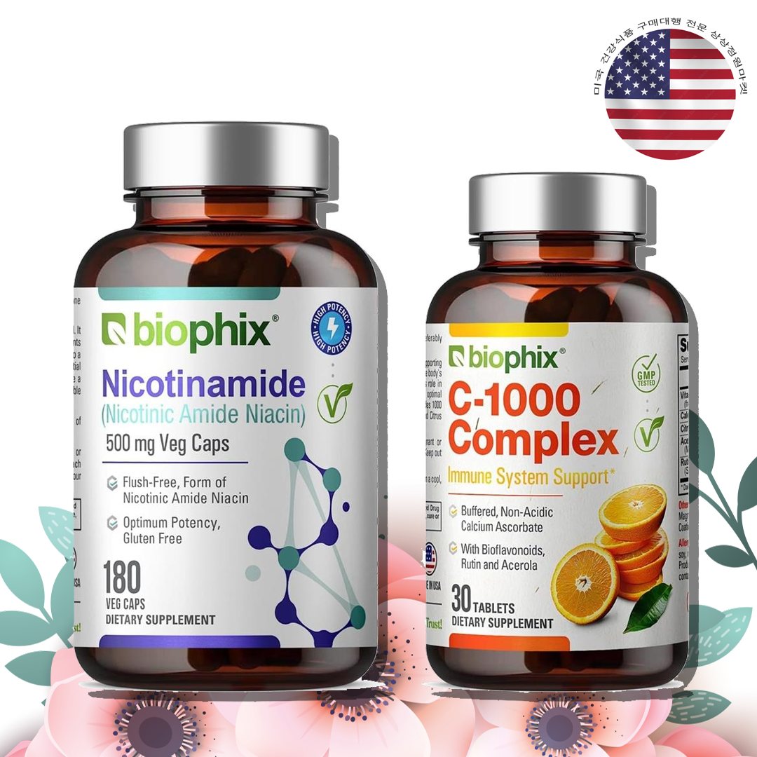 BIOPHIX 번들 니코틴아마이드 500mg 180캡슐과 비타민C 1000 복합물 30정 - 상품 이미지