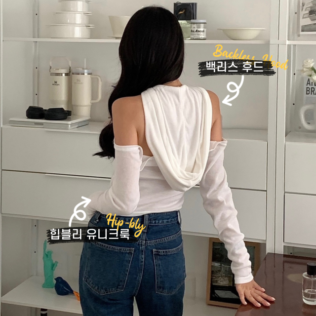 발레코어 홀터넥 백리스 오프숄더 후드 긴팔 티셔츠 - 상세 이미지 4