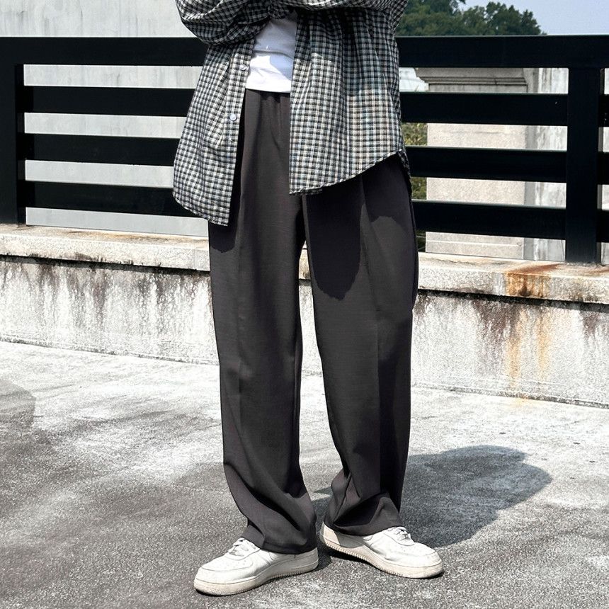 남자 세미와이드 슬랙스 팬츠 밴딩 핀턱 통바지