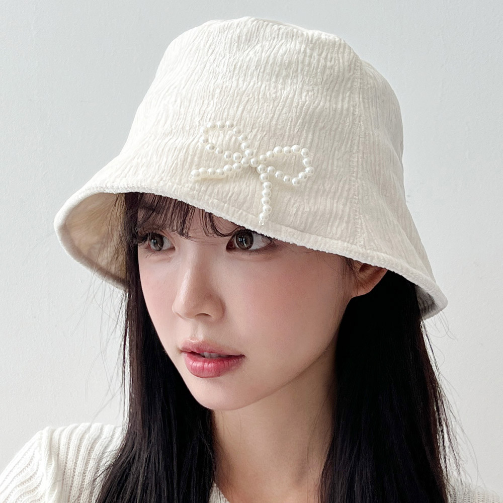 벨벳 진주 리본 버킷햇 여성가을겨울 벙거지 - 상품 이미지