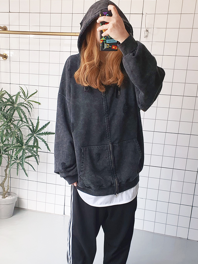 남녀공용 빈티지 피그워싱 후드 집업 점퍼