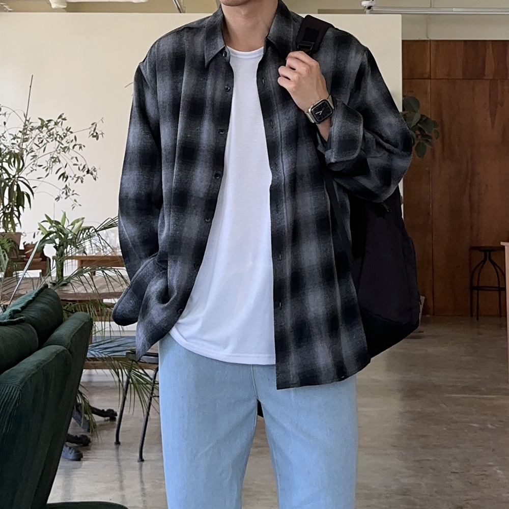 남자체크셔츠 모직 오버핏 기모 남방 남자 셔츠 - 상세 이미지 2