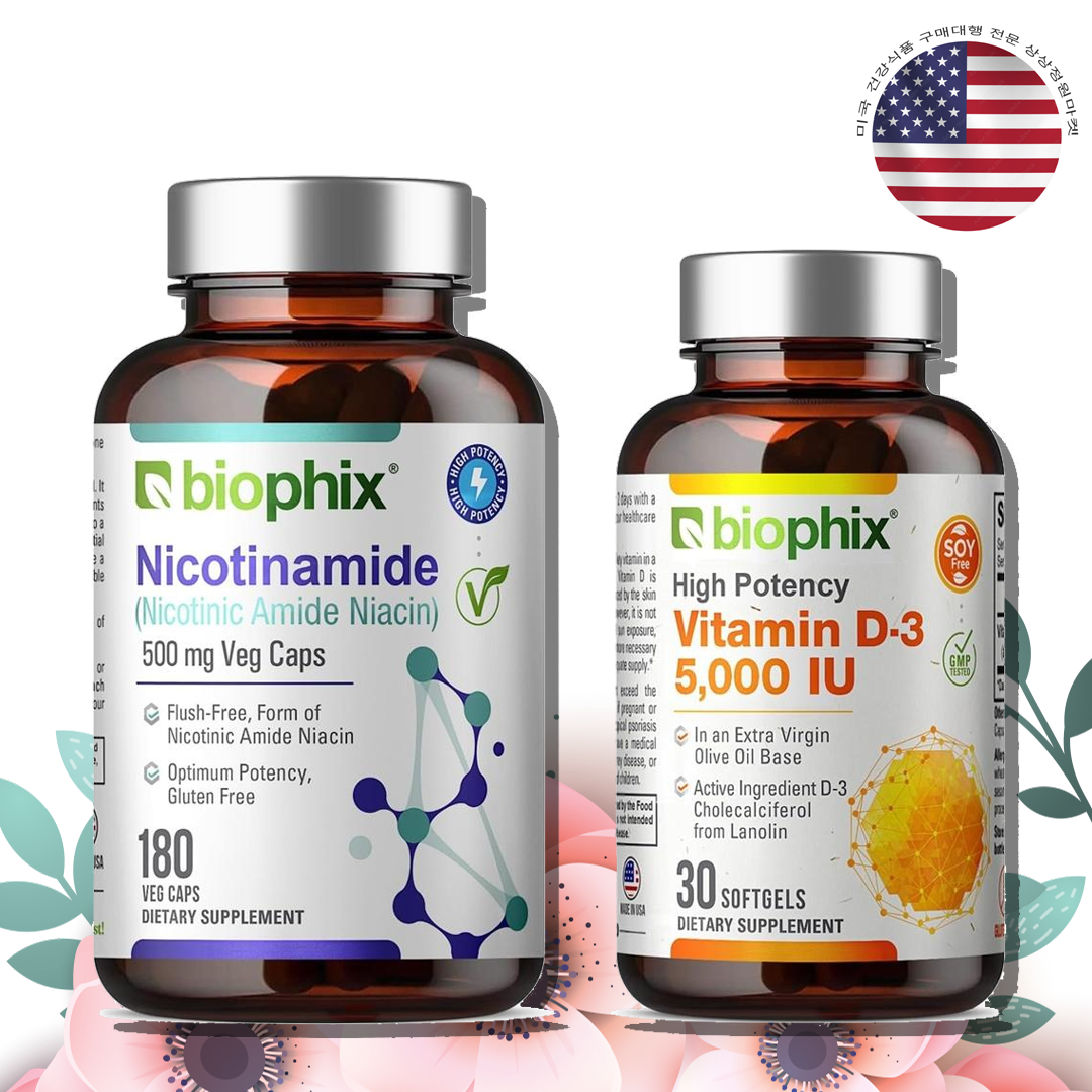 BIOPHIX 니코틴아마이드 500mg 180캡슐과 비타민D3 5000IU 30소프트젤 - 상품 이미지