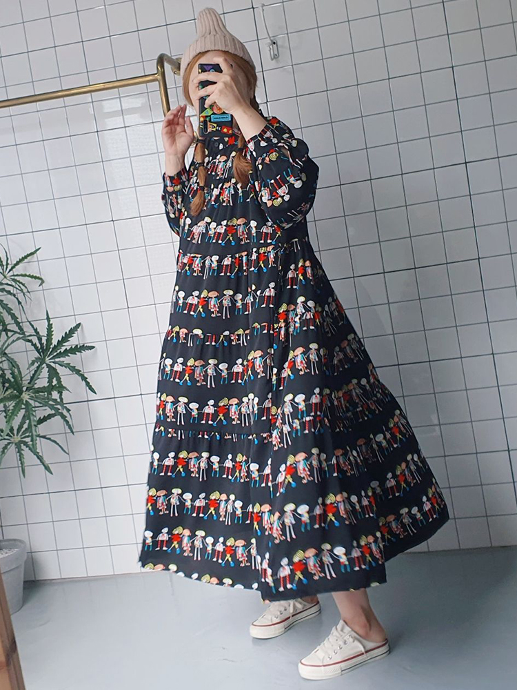 (무배) 빅사이즈 인형 프린팅 롱 원피스