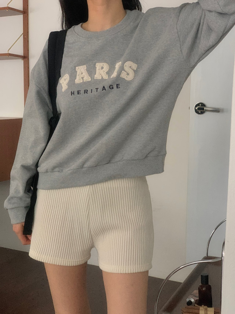 캐주얼 오버핏 레터링 자수 여성 맨투맨 박스티 세미크롭맨투맨 여자 가을 티셔츠 면 라운드 - 상세 이미지 2