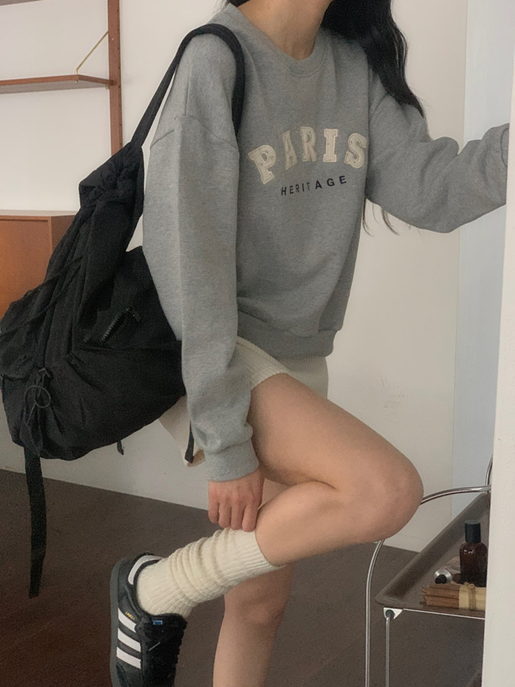 캐주얼 오버핏 레터링 자수 여성 맨투맨 박스티 세미크롭맨투맨 여자 가을 티셔츠 면 라운드 - 상세 이미지 3