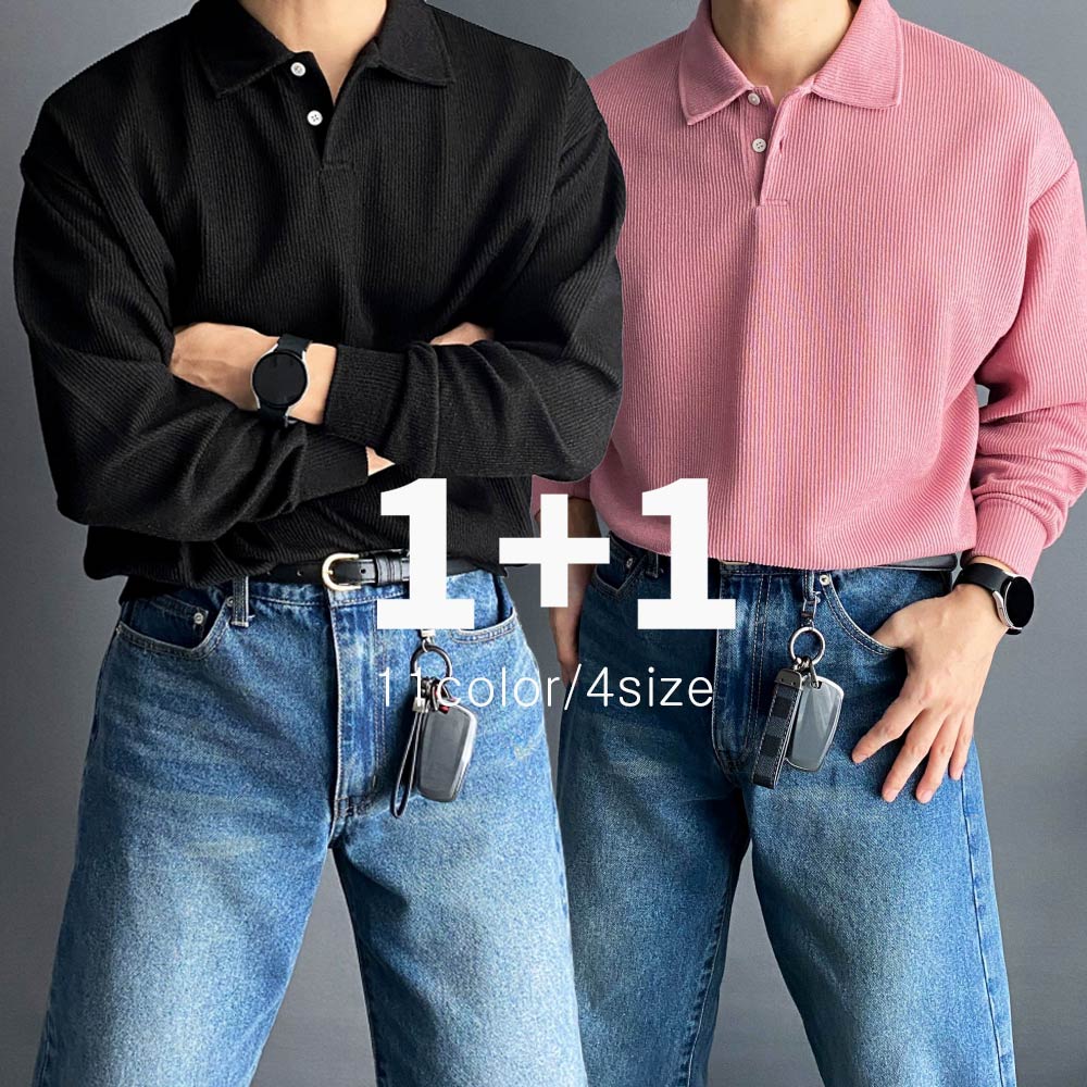1+1 남자 골지 긴팔 카라 니트 오버핏 - 상품 이미지