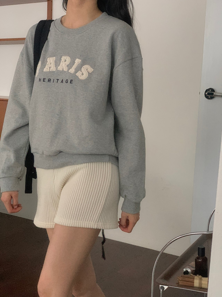 캐주얼 오버핏 레터링 자수 여성 맨투맨 박스티 세미크롭맨투맨 여자 가을 티셔츠 면 라운드 - 상세 이미지 4