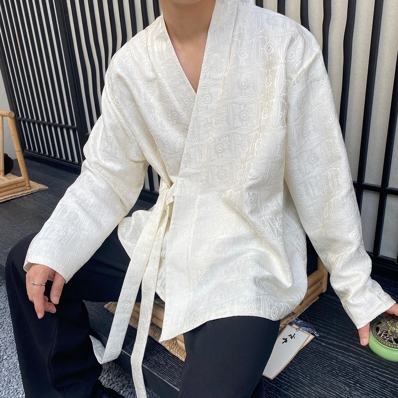 브이넥 자카드 생활한복 남자 중년 할아버지 상의 셔츠 잠옷 홈웨어 아이보리 블랙 2컬러 - 상세 이미지 2