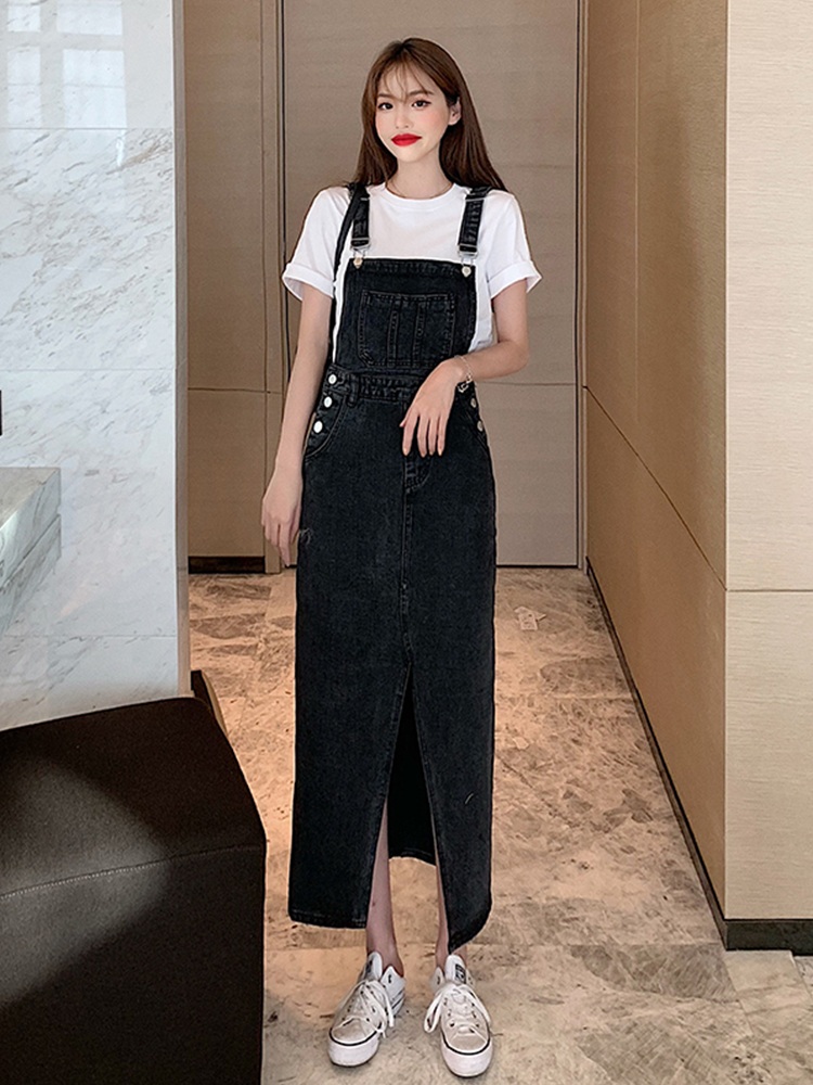 데님 오버롤 롱원피스 멜빵 앞트임 슬림핏 데이트 여친룩 서스펜더 치마 2컬러 - 상세 이미지 4